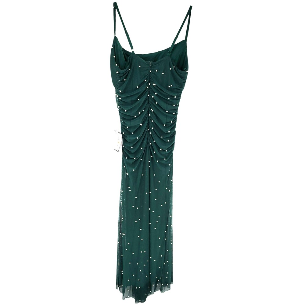 B. Darlin Pearl Ruched Mesh Bodycon Maxi Dress 14W Hunter Green Evening Gown NWT